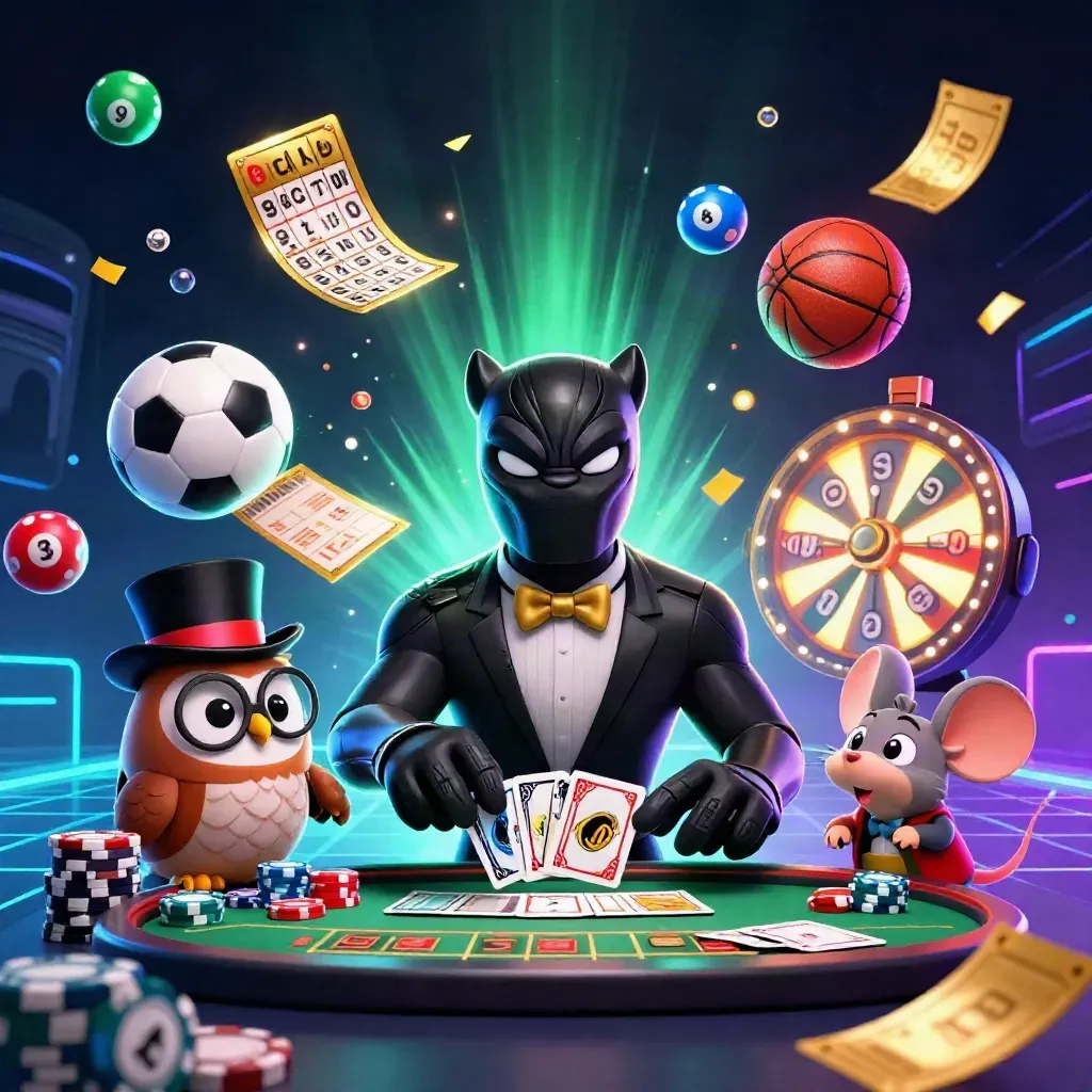 Panther, owl, and mouse amid casino props, lottery balls, wheel, and glowing sports objects.