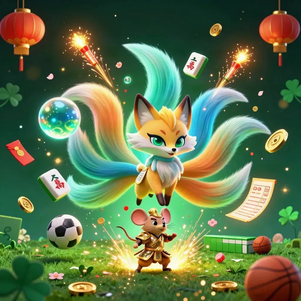 Neon fox spirit and samurai mouse amid lucky casino sports icons, glowing in dark emerald light.