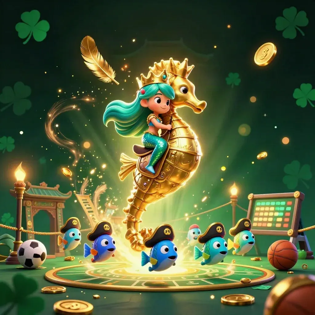Mermaid princess on armored seahorse amid coins, temple gate, pirate fish, and neon casino glow