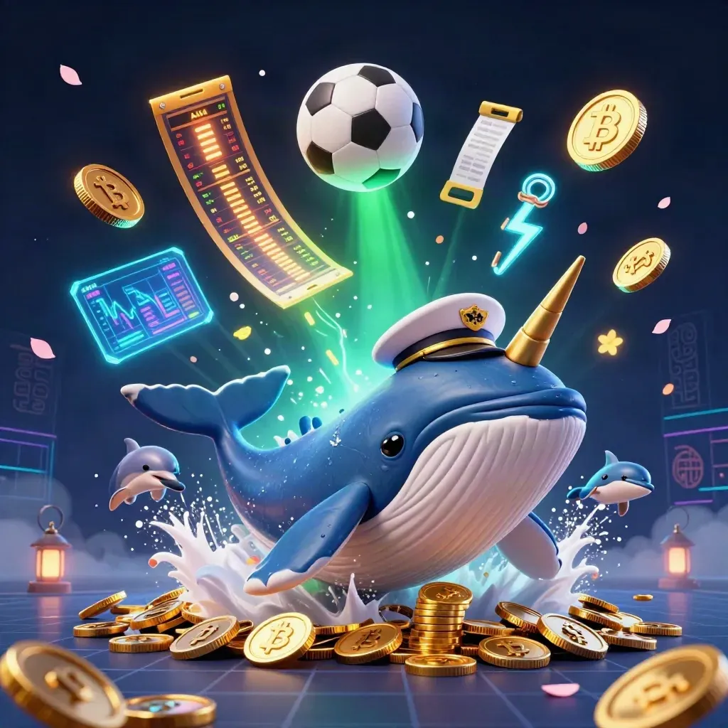 Whale captain, narwhal, and dolphins burst through coins with crypto and sports-bet icons.