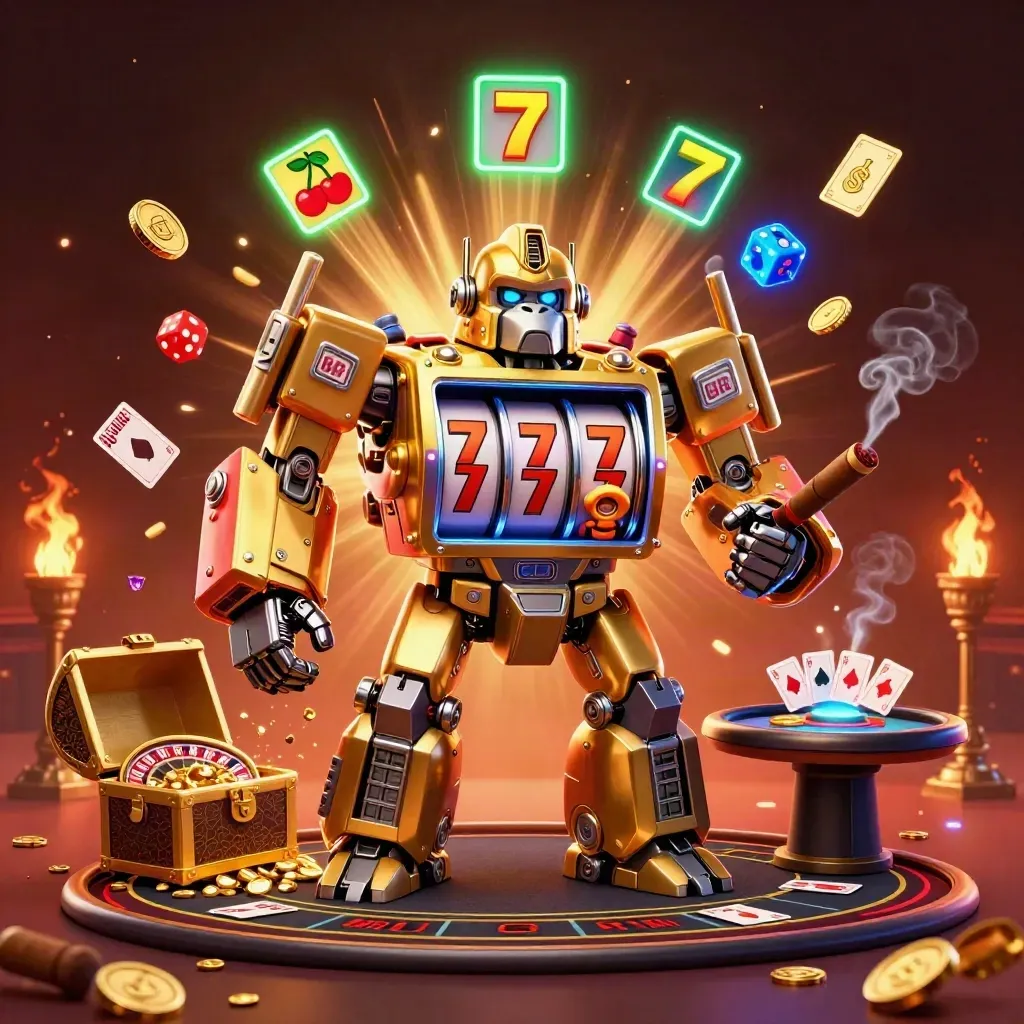 Golden gorilla slot mech with monkey pilot amid casino luxury, coins, gems, and fiery jackpot energy.