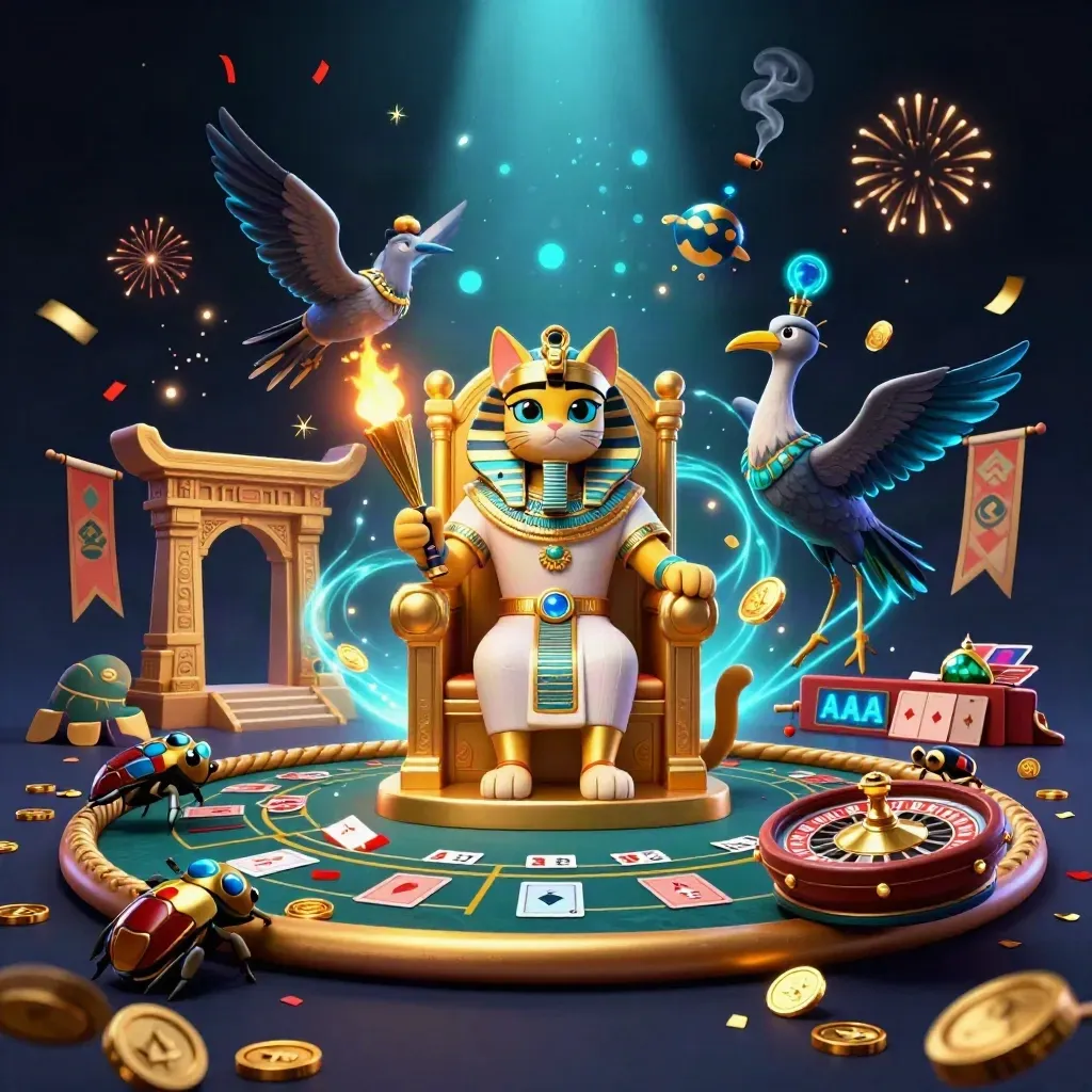 Pharaoh cat, ibis scribe and scarab swarms in a luxe casino room with roulette, cards and neon magic.