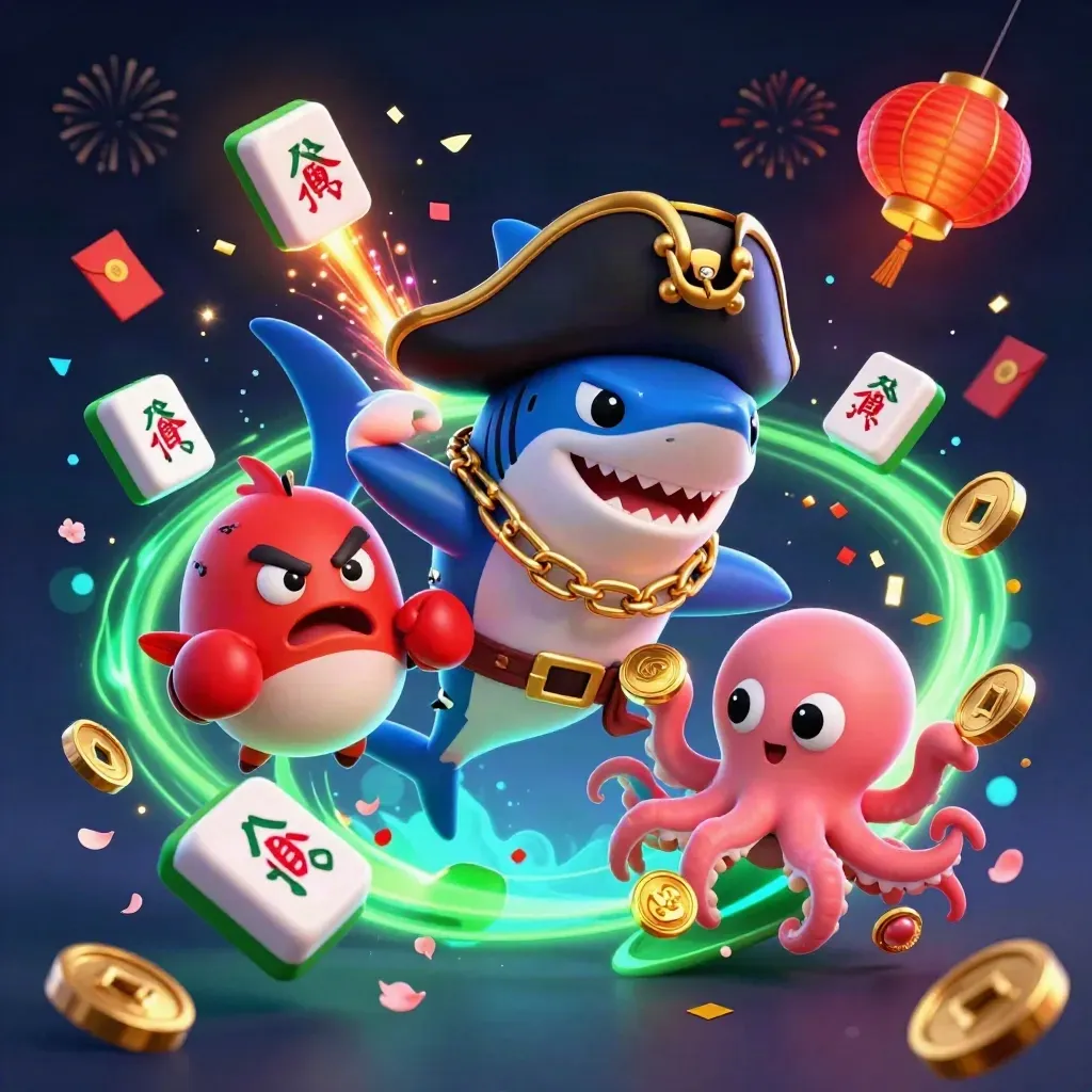 Pirate shark, boxing pufferfish, and juggling octopus amid casino treasures and neon energy