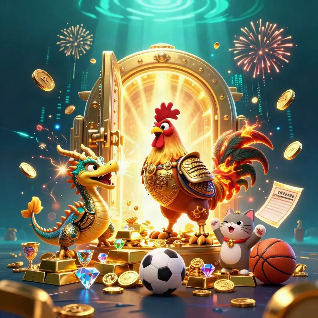 Rooster warrior, dragon hatchling and fortune cat amid a bursting gold vault and casino sparks