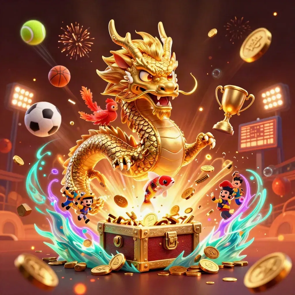 Golden dragon, phoenix and koi burst from a chest with sports balls, coins and a trophy.