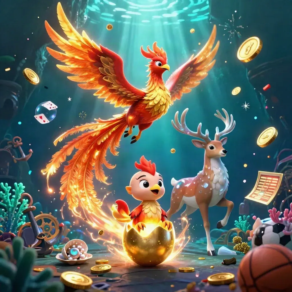 Fire phoenix, baby phoenix, and crystal-antlered stag amid coins, coral, and casino effects