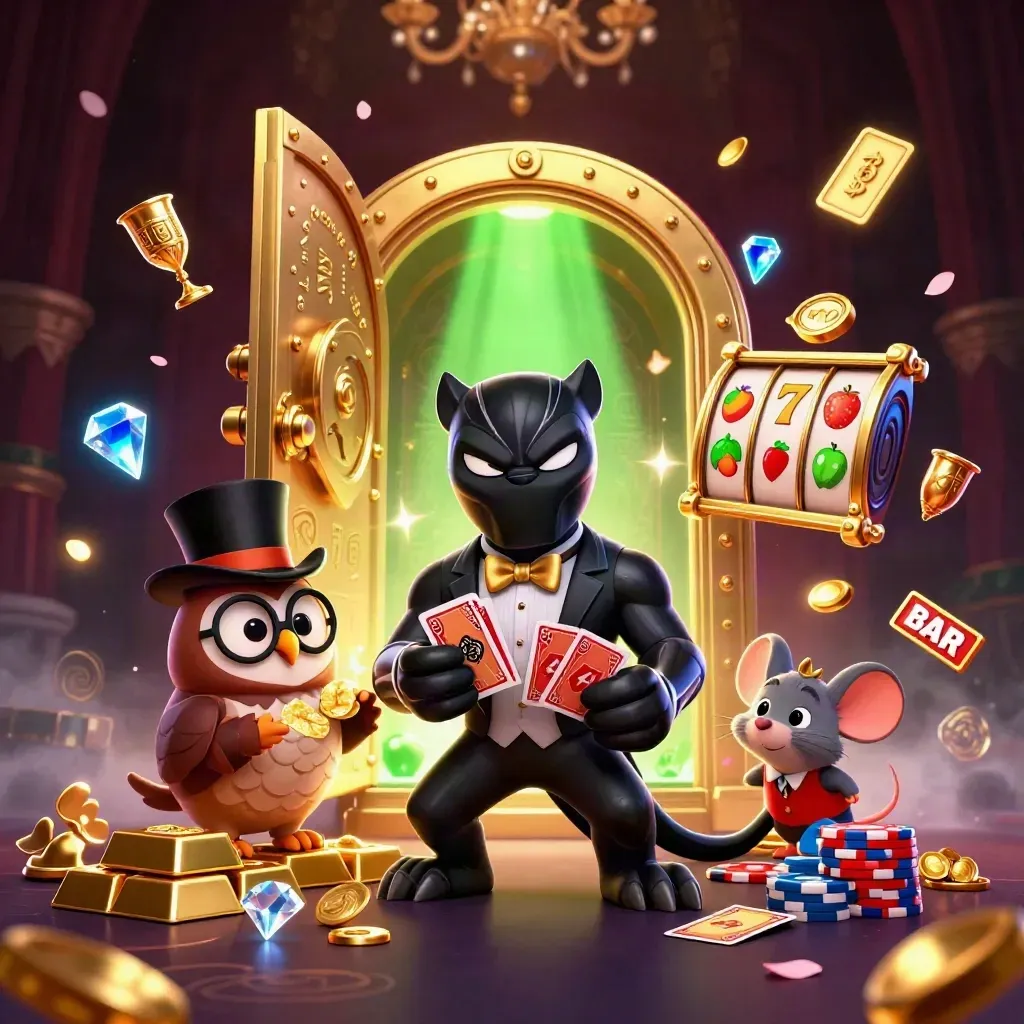Panther, owl, and mouse casino heroes with vault gold, chips, reels, and glowing magic