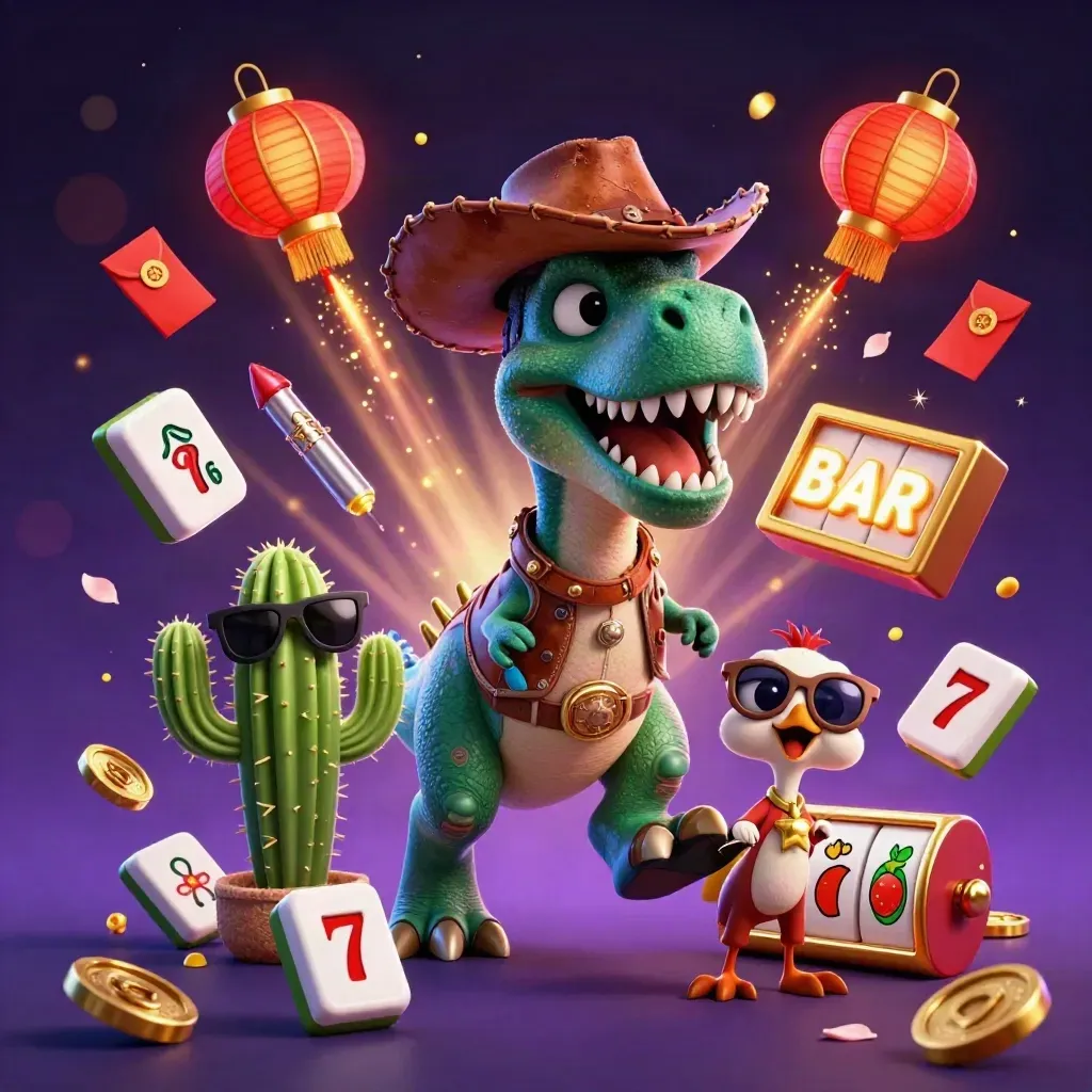 Cowboy T-Rex, cactus sidekick and sheriff roadrunner amid neon casino symbols and starry purple glow.